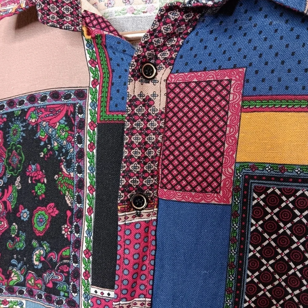 Luc Matton Patchwork Shirt Mens L Multicolor Button Up Long Sleeve Cotton Linen